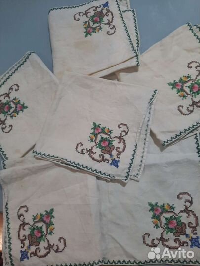 Льняные салфетки, ручная вышивка, комплект 6 штук