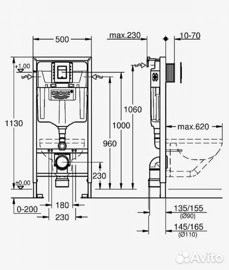 Унитаз фарфор, смыв торнадо и Инсталляция Grohe