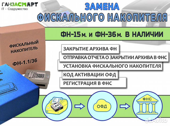 Замена фн-15/36 мес. Онлайн-кассы. 1С