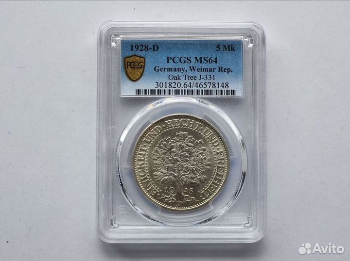 5 Марок 1928 D Дуб pcgs MS 64