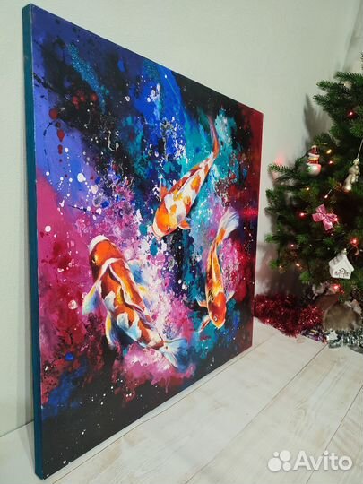 Картина маслом на холсте с карпами 60/60 см