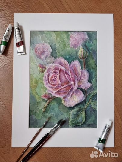 Картина с розой, акварель, 29х20см