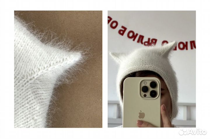 Белый чепчик с ушками из пуха норки