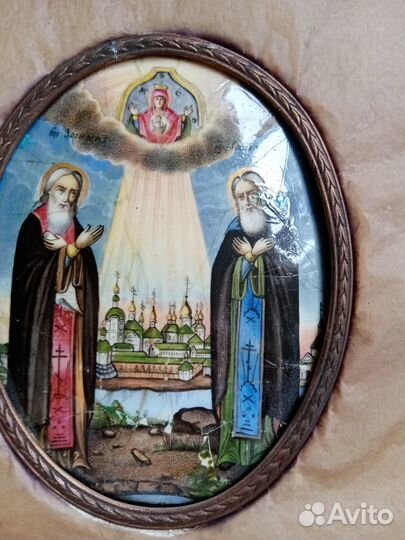 Икона на эмали святых Зосима и Савватия в киоте