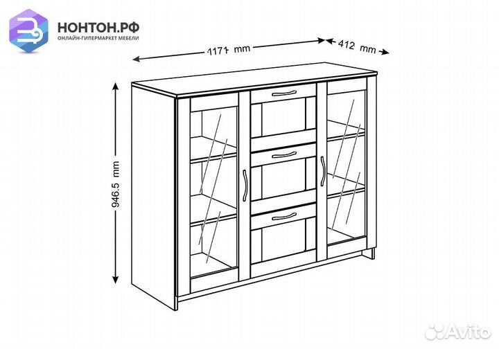 Комод с дверцами Сириус со стеклом и 3 ящиками дуб
