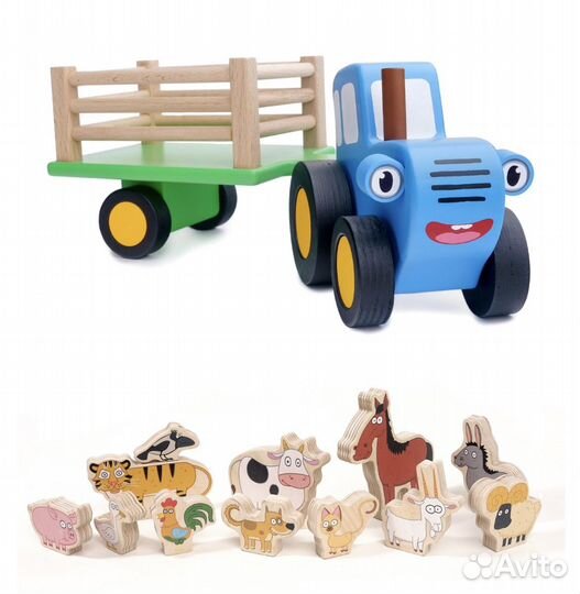 Синий трактор с прицепом деревянный