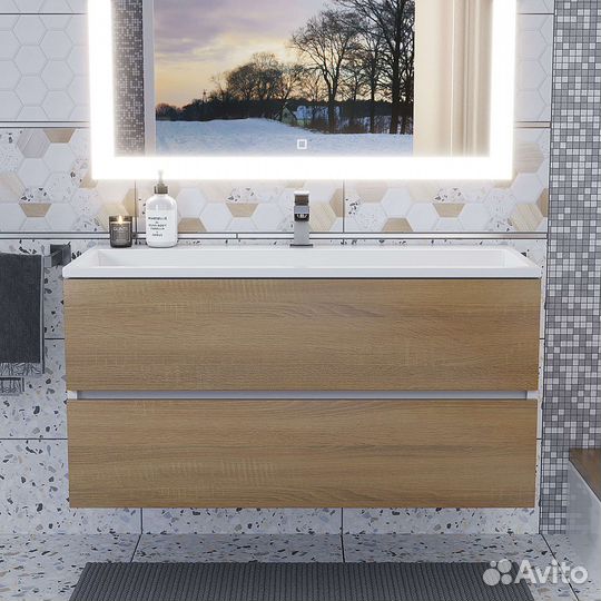 Раковина для ванной полувстраиваемая 100 см, прямоугольная