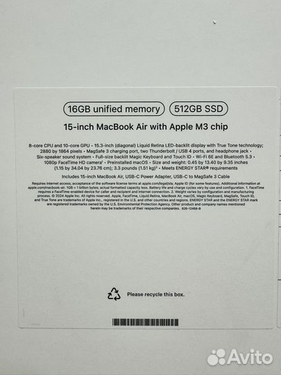 MacBook Air 15 (M3, 2024) 16Gb, 512Gb Starlight