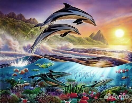 Алмазная мозаика 40x50 Стая дельфинов и яркие обит