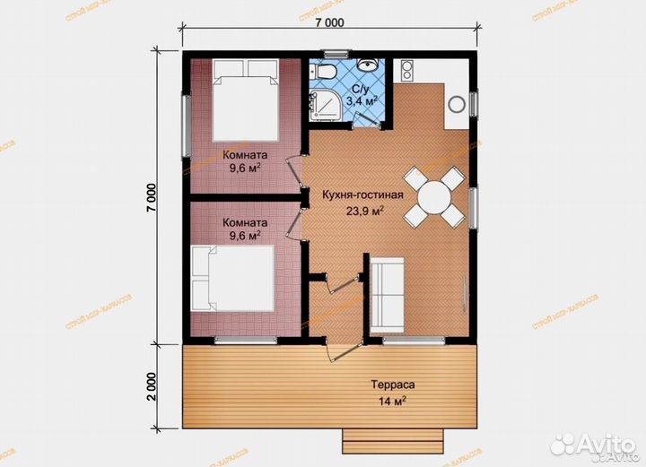 Каркасный дом 9х7м земной вариант каркас 50х150м