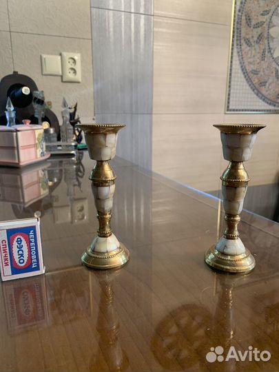 Подсвечник латунь и перламутр, ручная работа