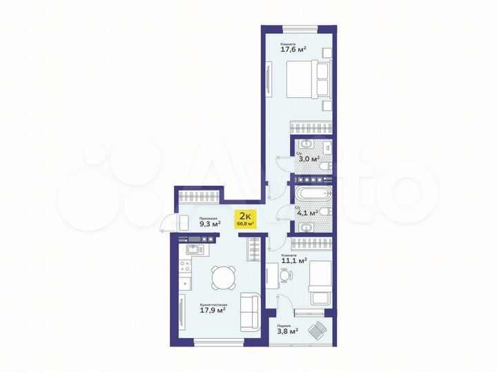 2-к. квартира, 66,8 м², 2/4 эт.