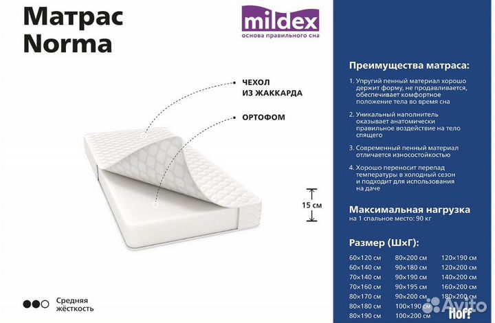 Матрас беспружинный mildex Norma 140x200