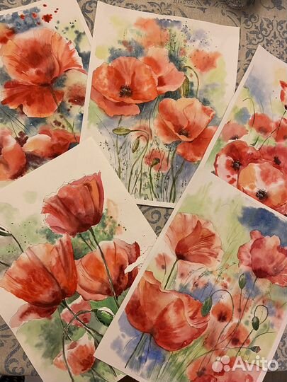 Картины акварелью серия Маки