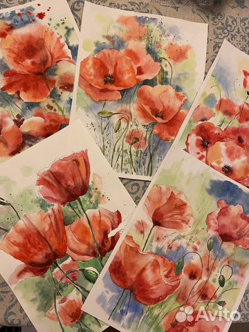 Картины акварелью серия Маки