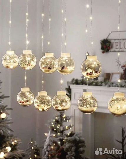 Новогодние гирлянды шары на окно двухуровневые