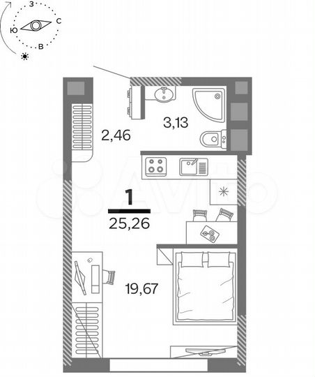 1-к. квартира, 25,3 м², 12/25 эт.
