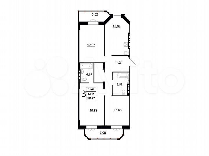 3-к. квартира, 105 м², 4/7 эт.