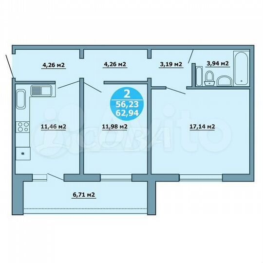 2-к. квартира, 56 м², 4/16 эт.