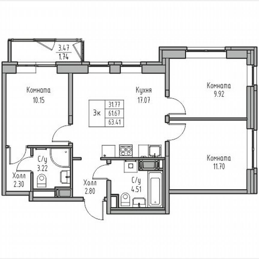 3-к. квартира, 63,4 м², 20/23 эт.
