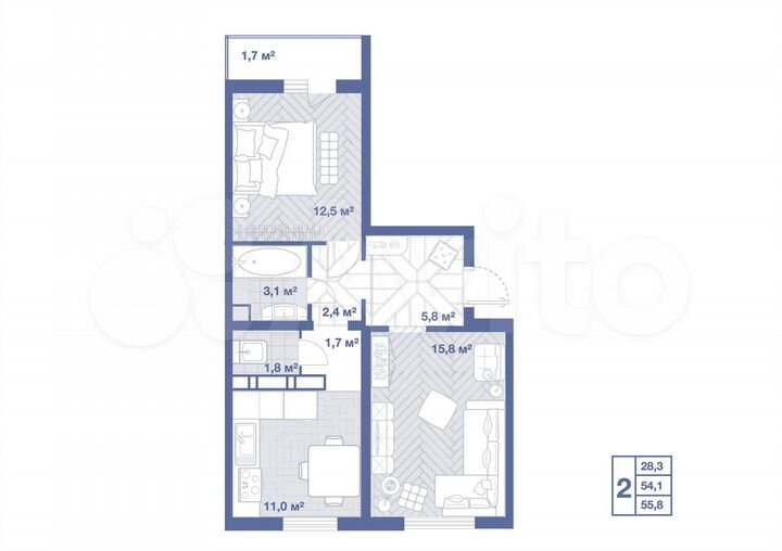 2-к. квартира, 55,8 м², 8/17 эт.