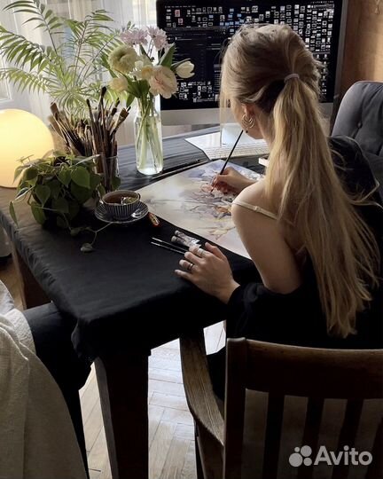 Картина большая акварель весенний букет живопись