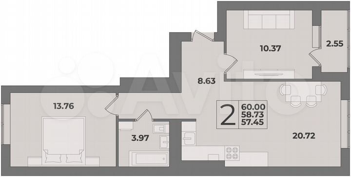 2-к. квартира, 60 м², 6/9 эт.