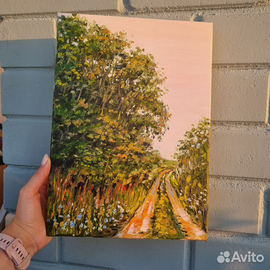 Пейзаж летний деревья маслом природа цветы холст