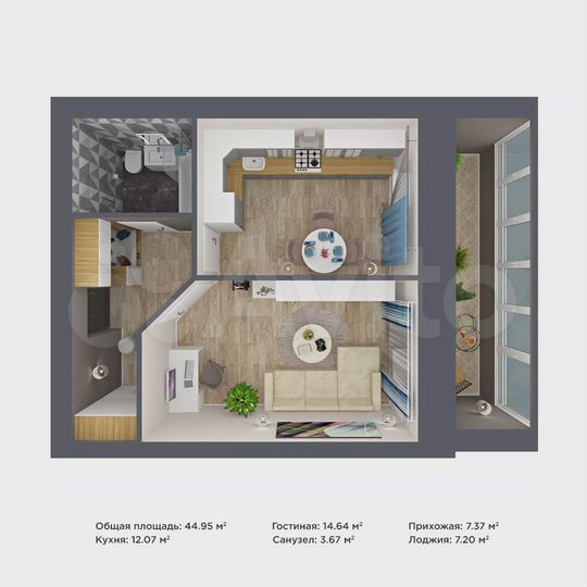 1-к. квартира, 45 м², 4/9 эт.