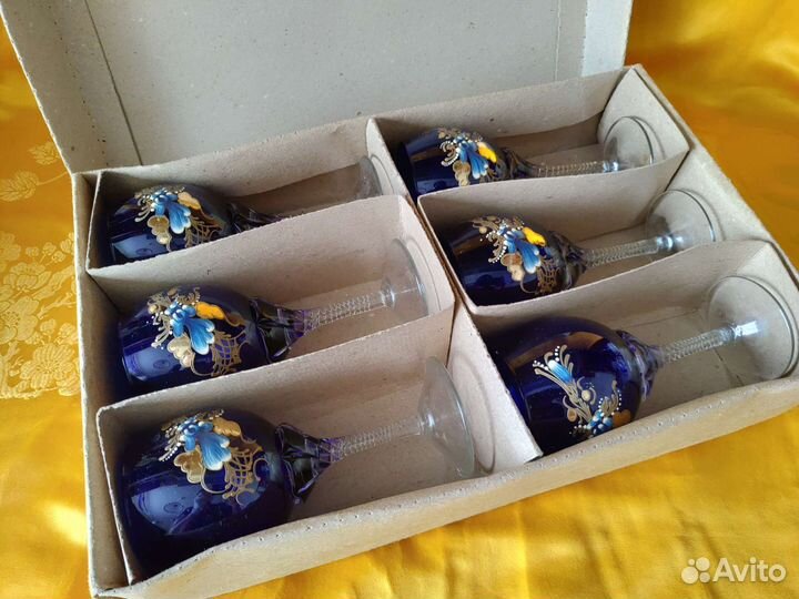 Бокал фужер кобальтовое стекло роспись набор СССР