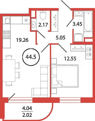 1-к. квартира, 44,5 м², 1/12 эт.