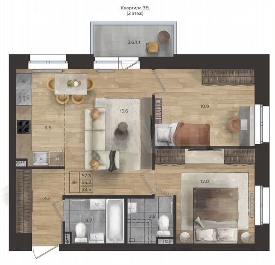 3-к. квартира, 57,3 м², 2/9 эт.