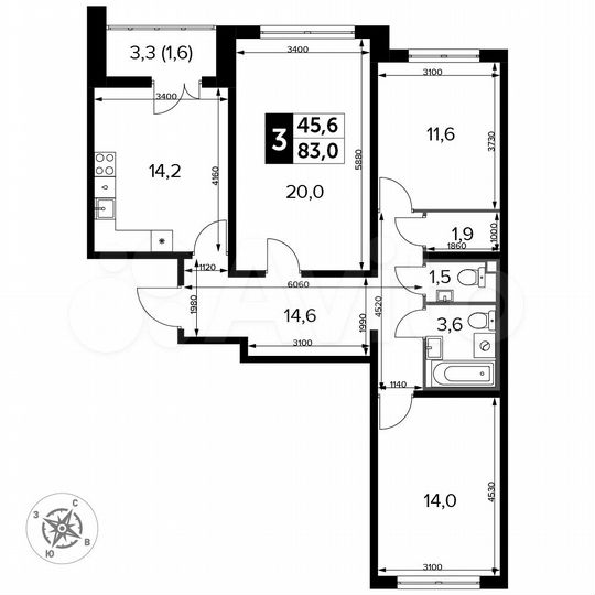 3-к. квартира, 83 м², 2/24 эт.