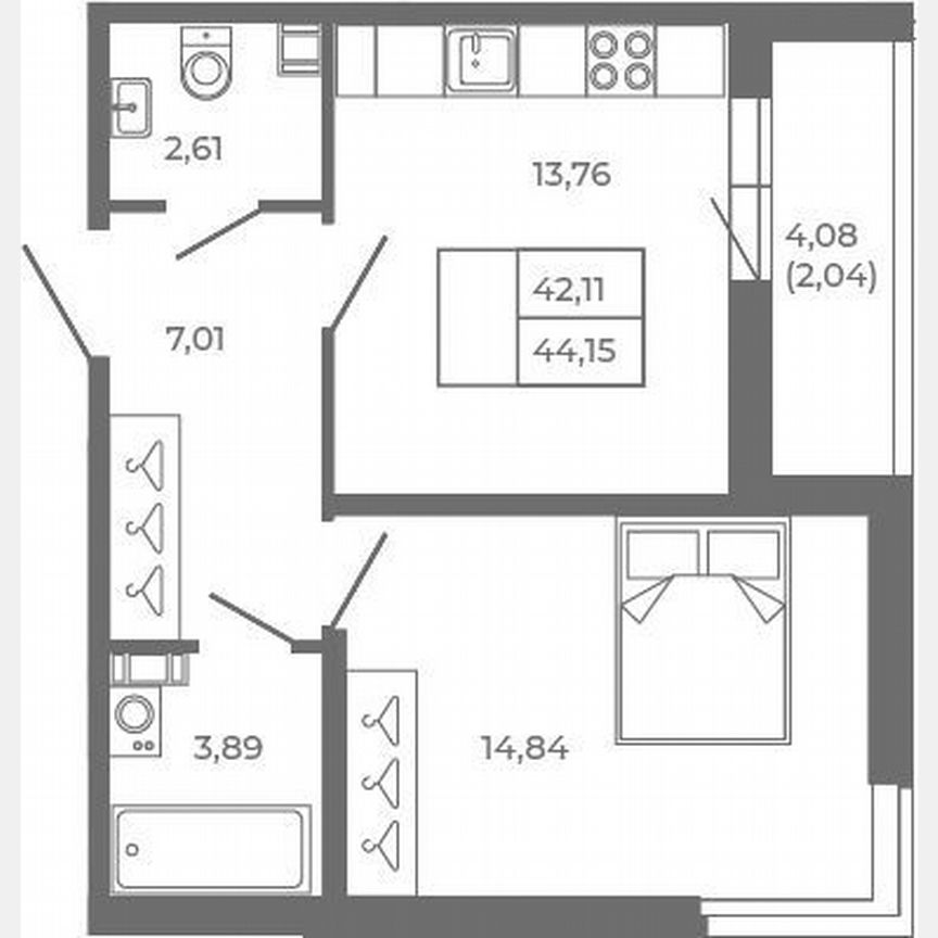 1-к. квартира, 42,1 м², 1/4 эт.