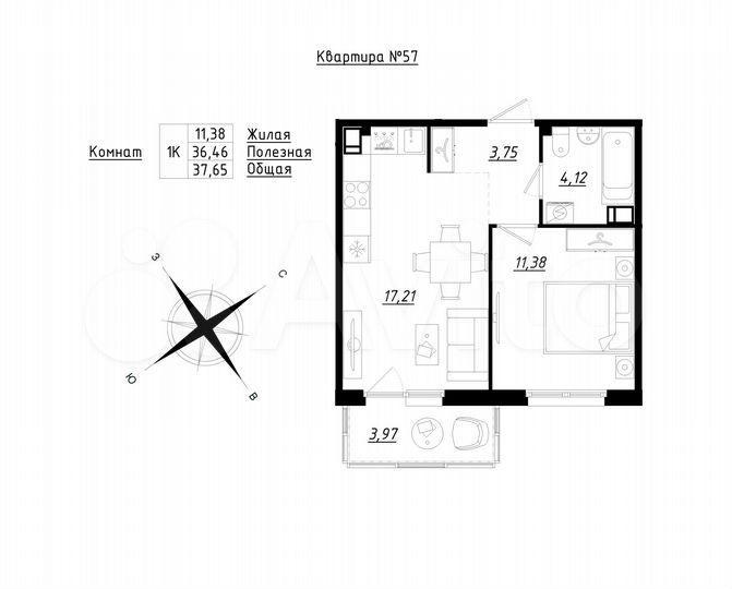 1-к. квартира, 37,7 м², 2/5 эт.