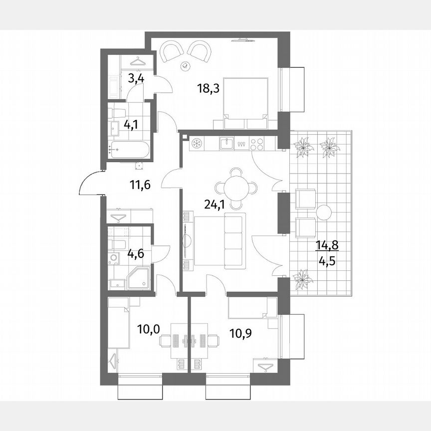 3-к. квартира, 91,5 м², 1/6 эт.