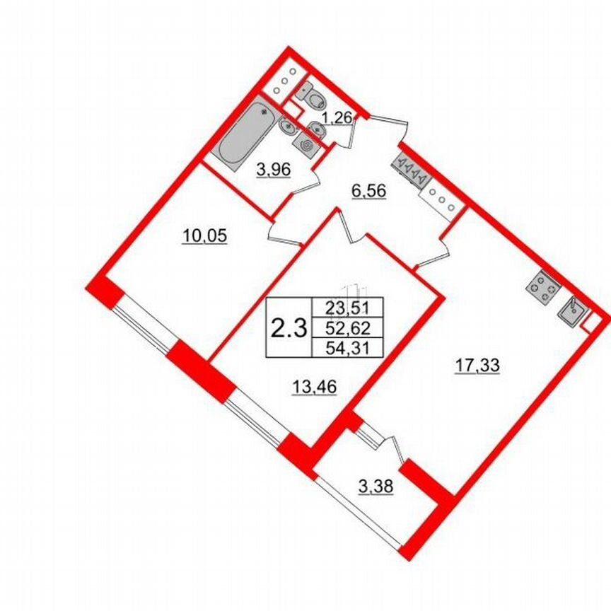 2-к. квартира, 52,6 м², 3/20 эт.