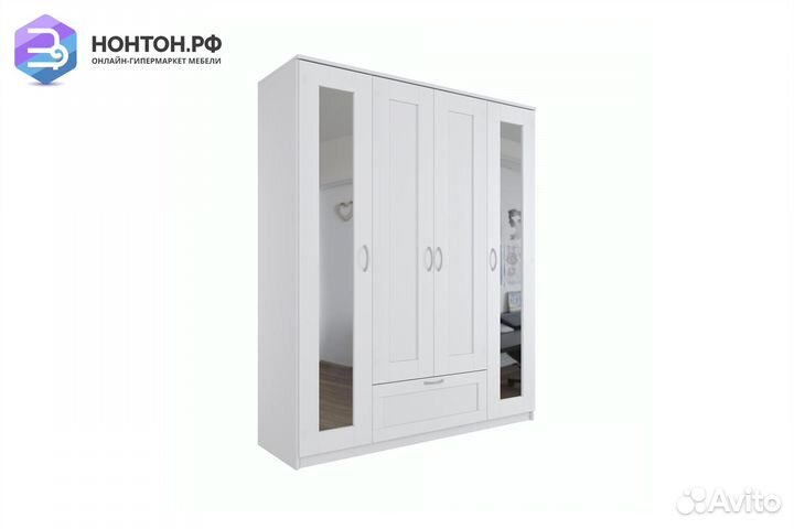 Шкаф четырехстворчатый Сириус белый с одним ящиком