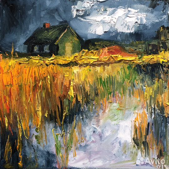 Летний пейзаж картина маслом на холсте 20х20 см