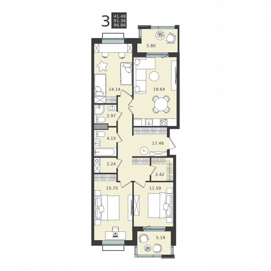 3-к. квартира, 96,9 м², 5/6 эт.