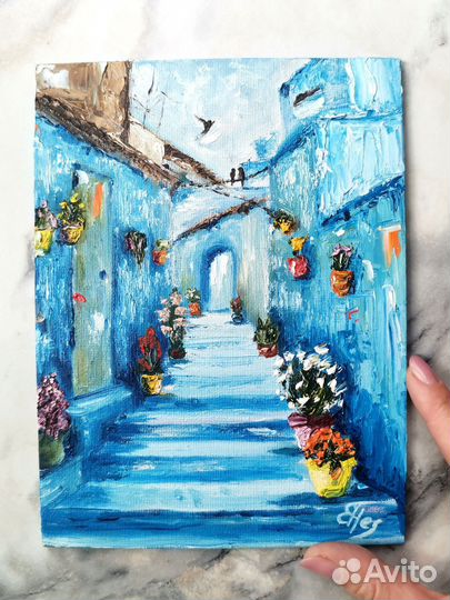 Картина маслом синий город