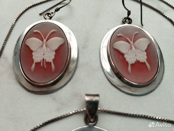 Старинная подвеска и серьги камея бабочки серебро