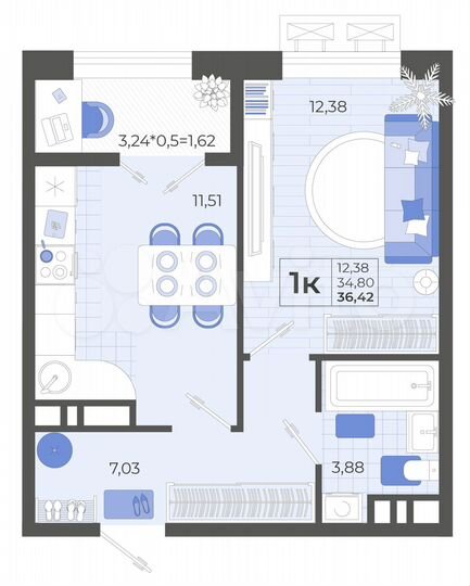 1-к. квартира, 36,4 м², 3/12 эт.