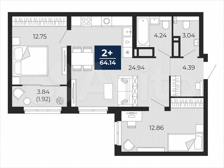 2-к. квартира, 64,1 м², 20/22 эт.