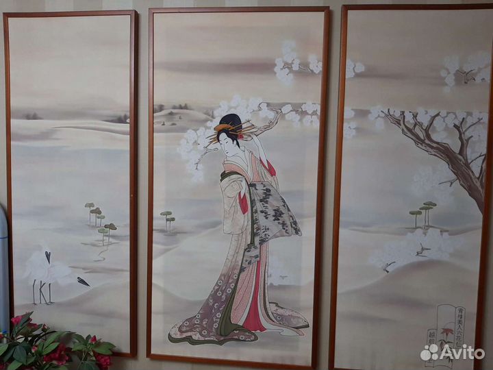 Триптих. Роспись по шёлку. Японская тема