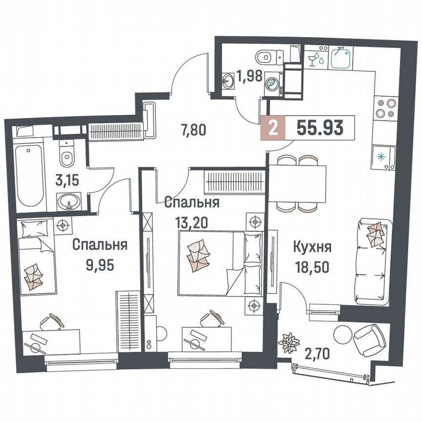 2-к. квартира, 55,9 м², 13/18 эт.