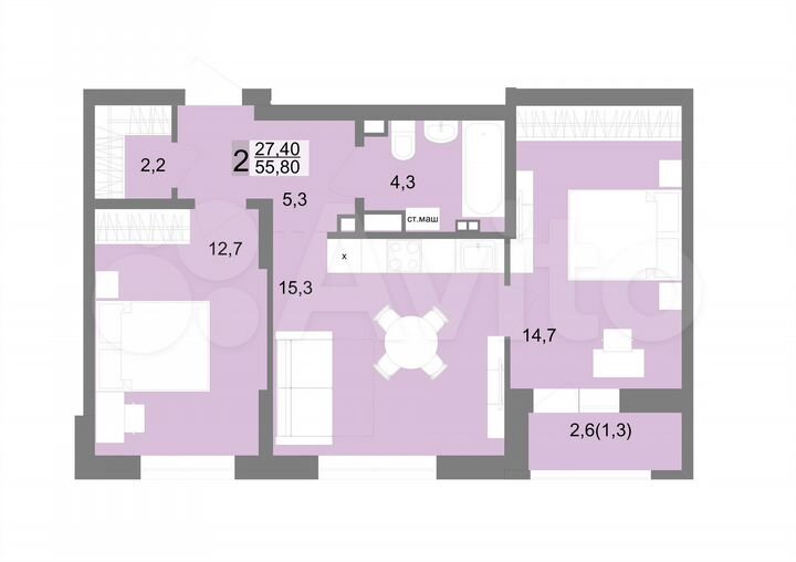 2-к. квартира, 55,6 м², 16/17 эт.