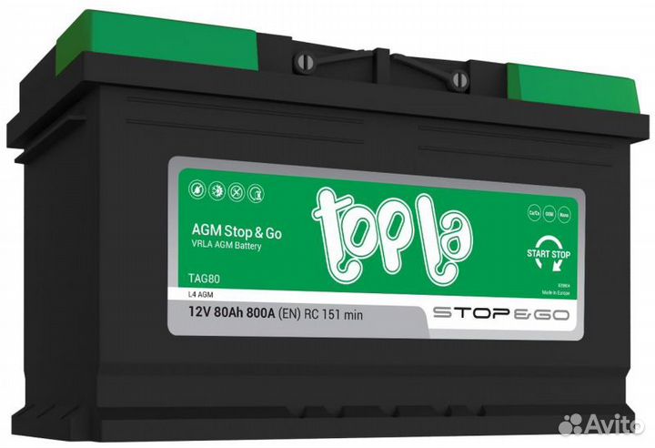 Аккумулятор AGM 80Ач Topla EK800 start-stop 800A