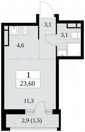 Квартира-студия, 23,6 м², 10/15 эт.