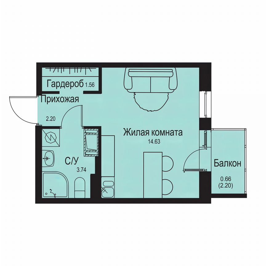 Квартира-студия, 22,8 м², 2/9 эт.